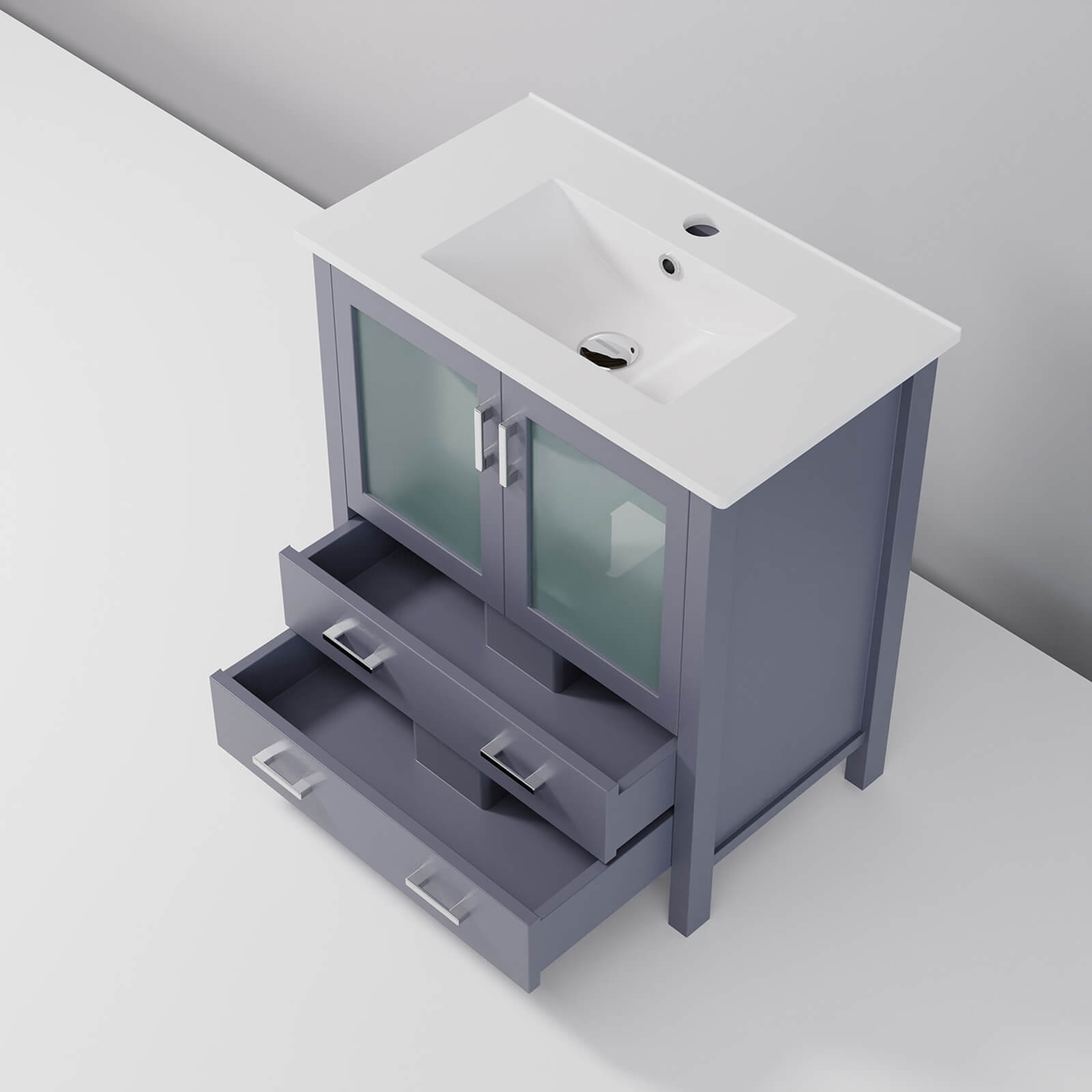 30 inch gray bathroom vanity with drawer and glass doors
