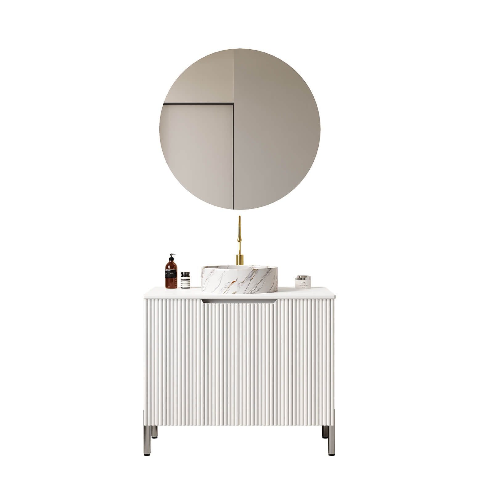 30 inch white freestanding bathroom vanity with stone pattern ceramic vessel sink