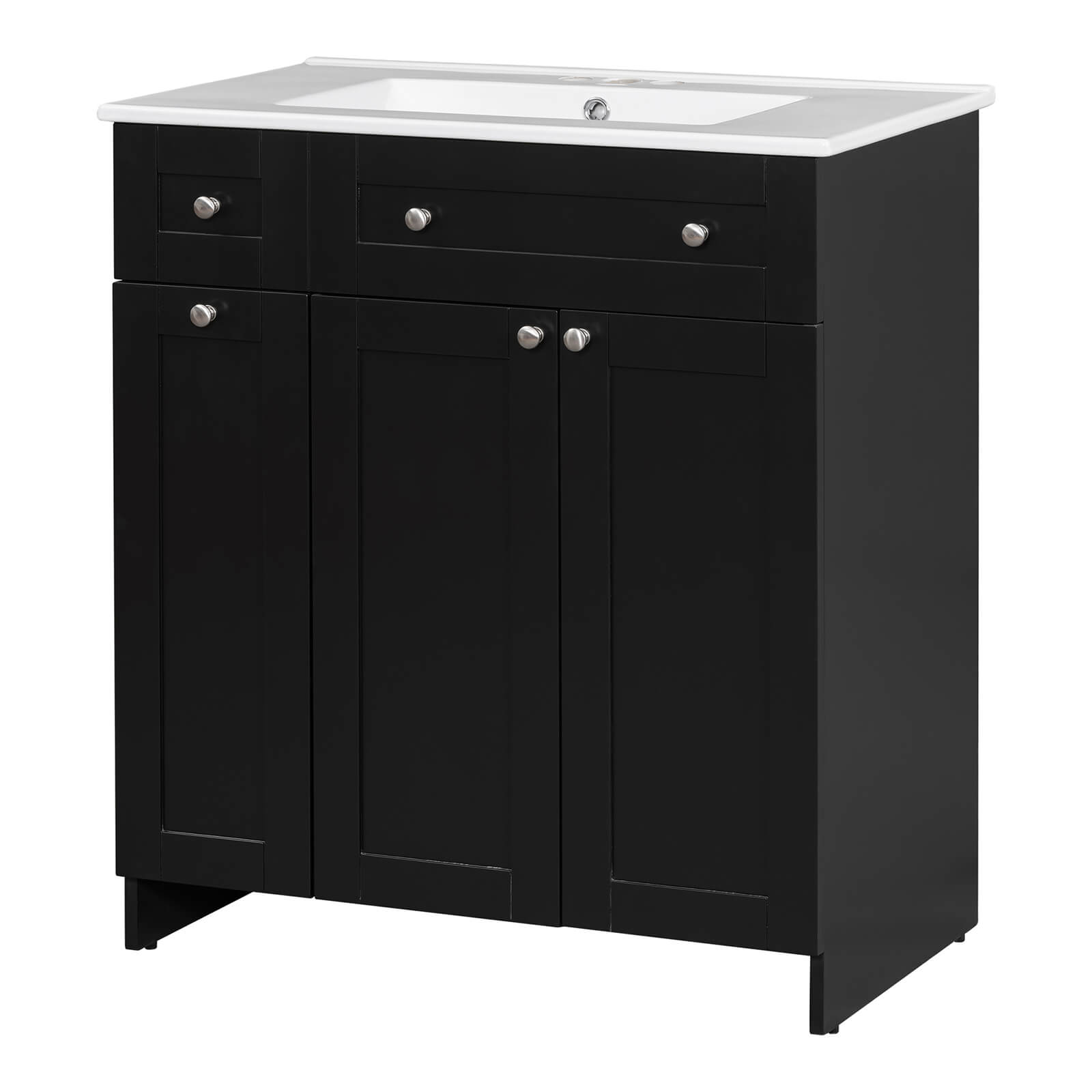 30-inch black bathroom vanity with soft-close doors and drawers