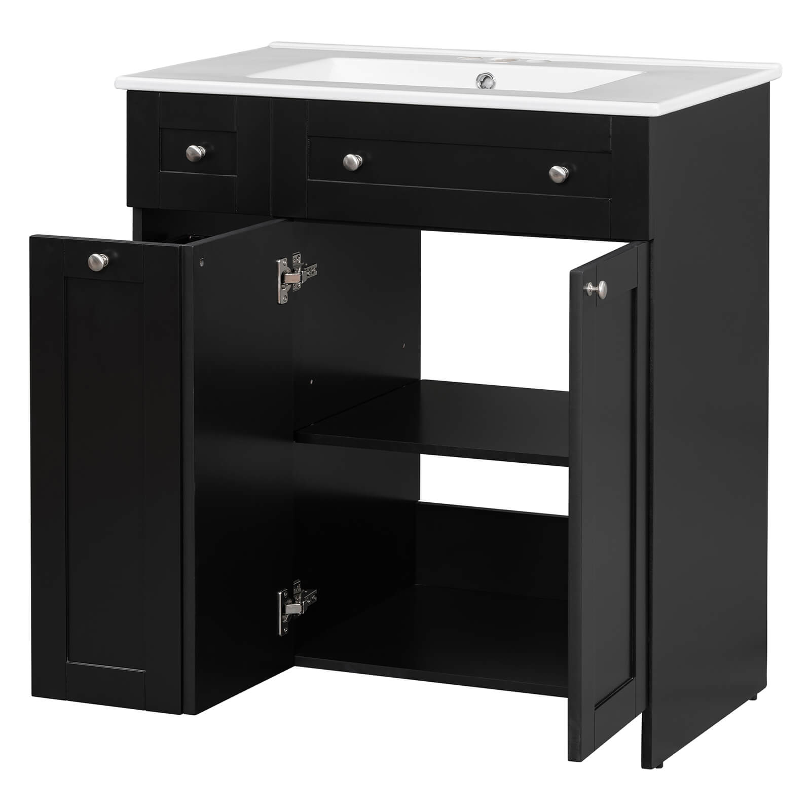 30-inch black vanity with soft-close drawers and sleek modern design