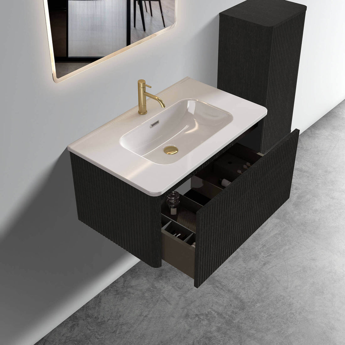30-inch floating black bathroom vanity with integrated ceramic sink