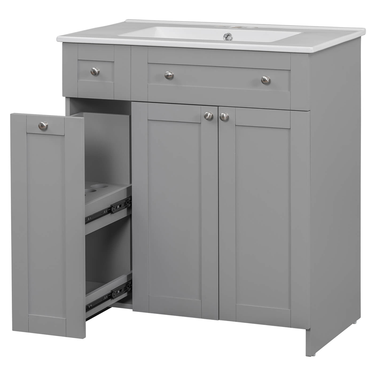 30-inch gray vanity with minimalist design and storage