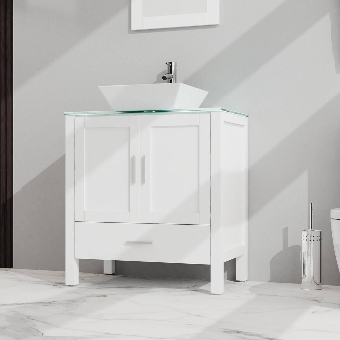 30-inch modern bathroom vanity with tempered glass countertop and white MDF base
