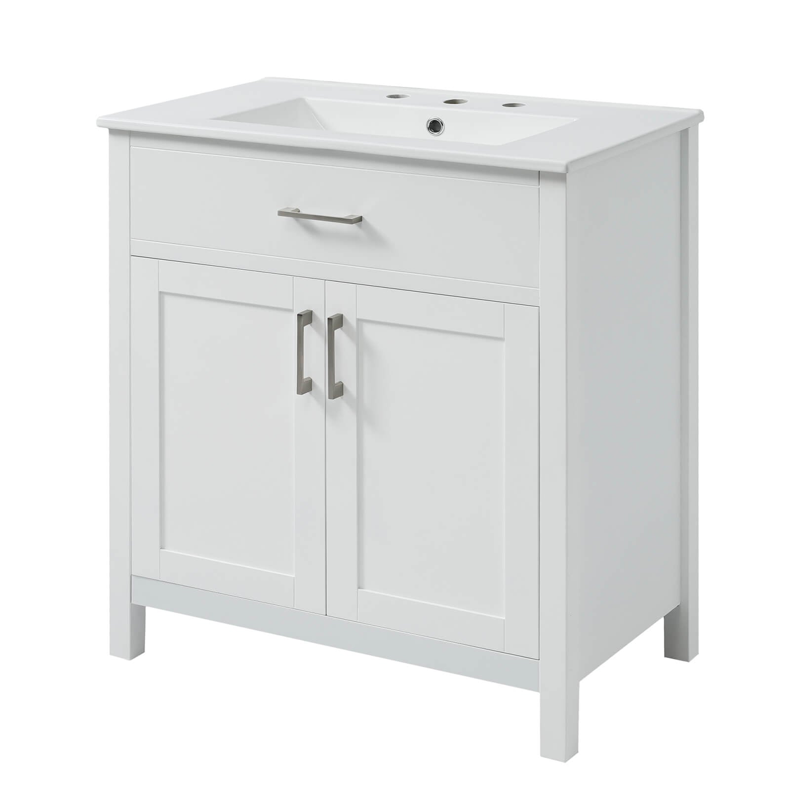 30-inch white bathroom vanity with pre-drilled faucet holes
