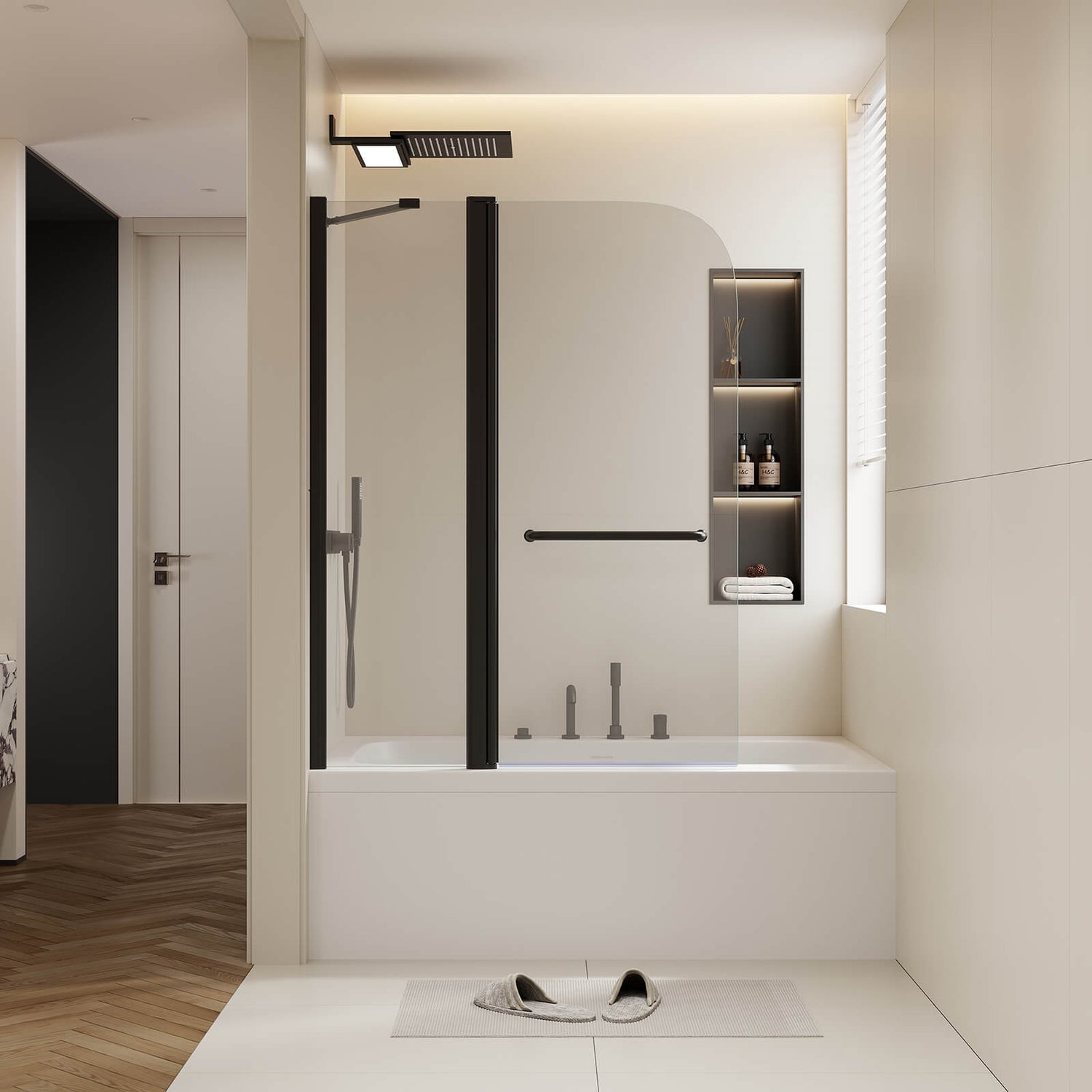 30 x 58 inch Matte Black Bathtub Pivot Shower Door