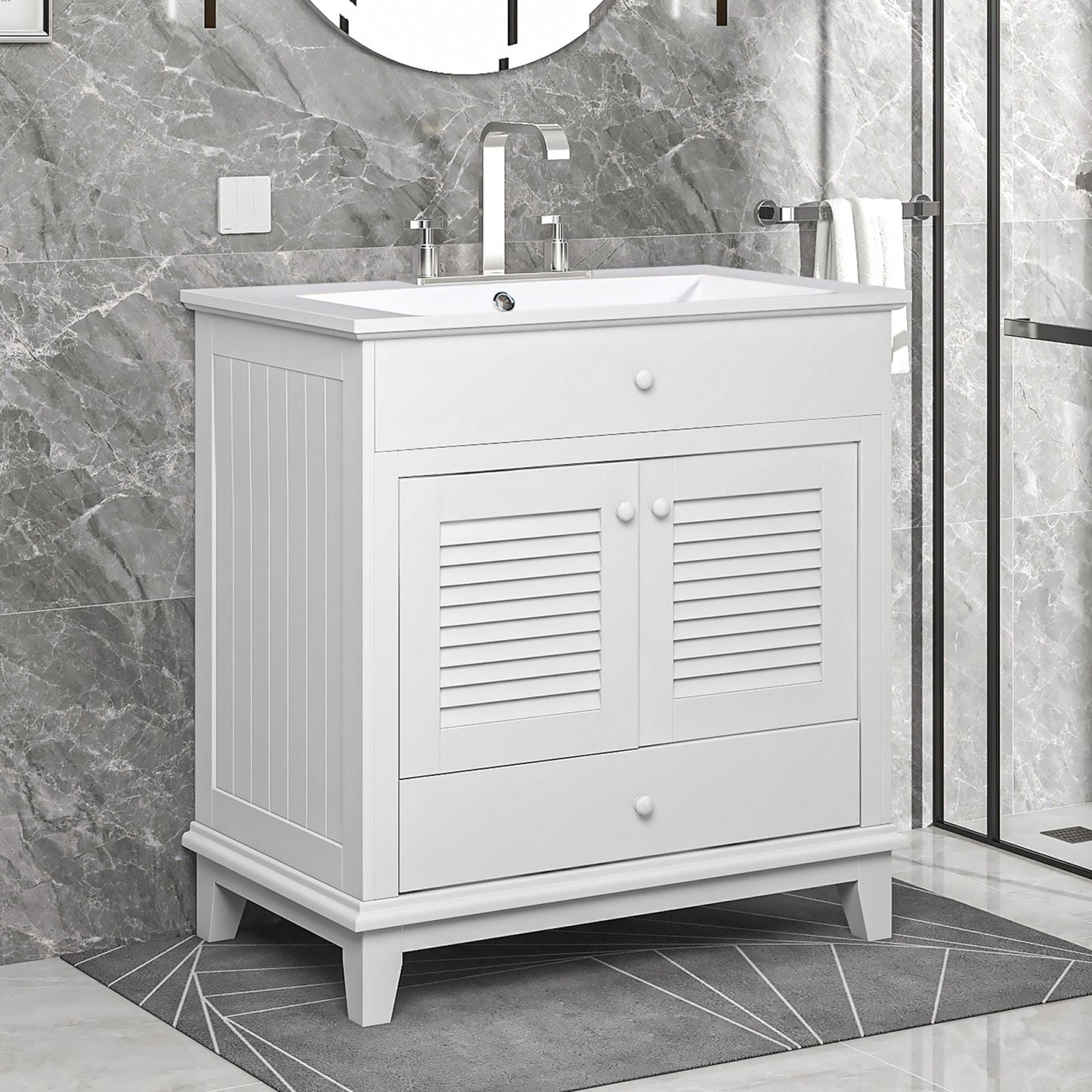 30" Wood Double Doors Bathroom Vanity, White Spacious Drawer Standalone Cabinet