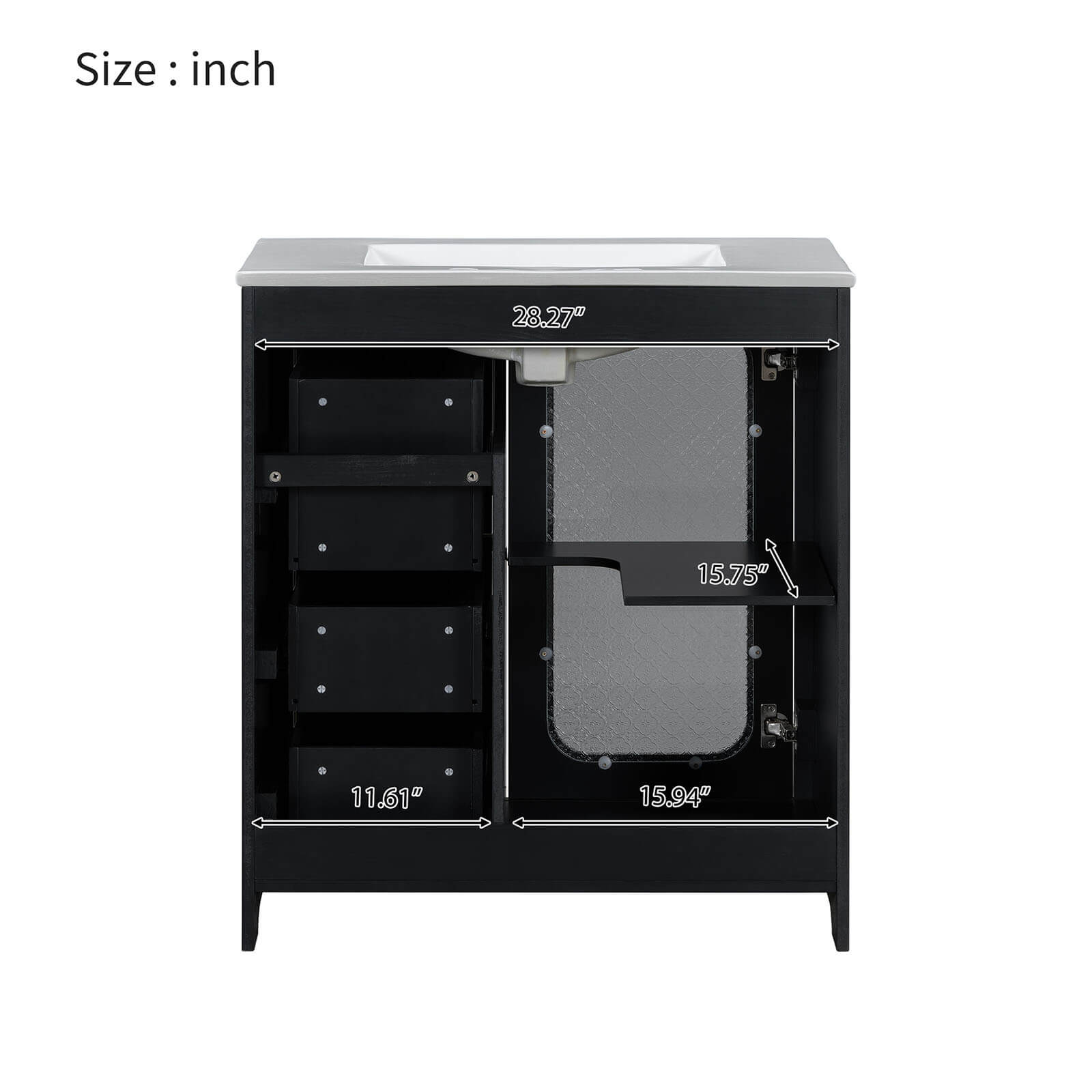 30 Inch Black Bathroom Vanity With Frosted Glass Door Back Dimensions Specifications