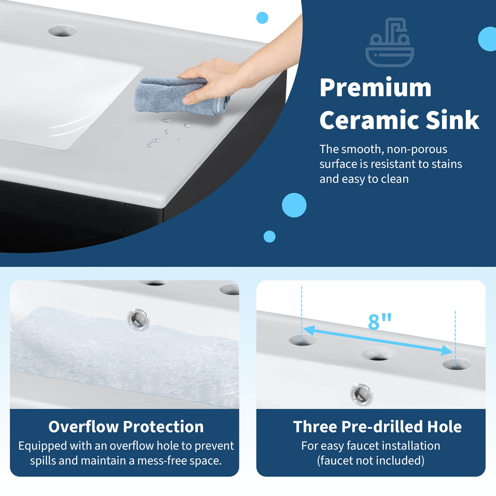 30 Inch Ceramic Sink in Black Bathroom Vanity with Frosted Glass Door Description