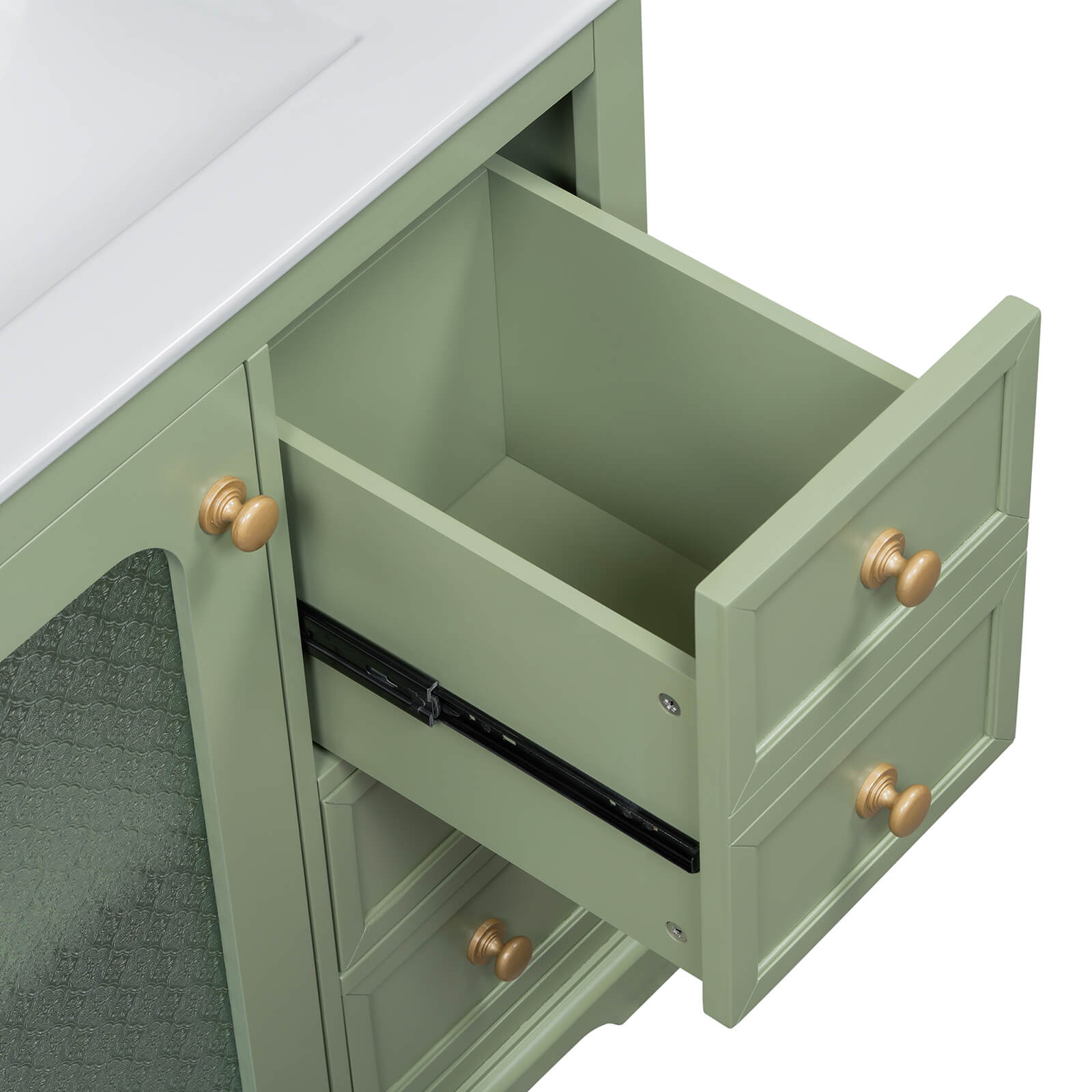 30 Inch Deep Drawers in Green Bathroom Vanity with Frosted Glass Doors