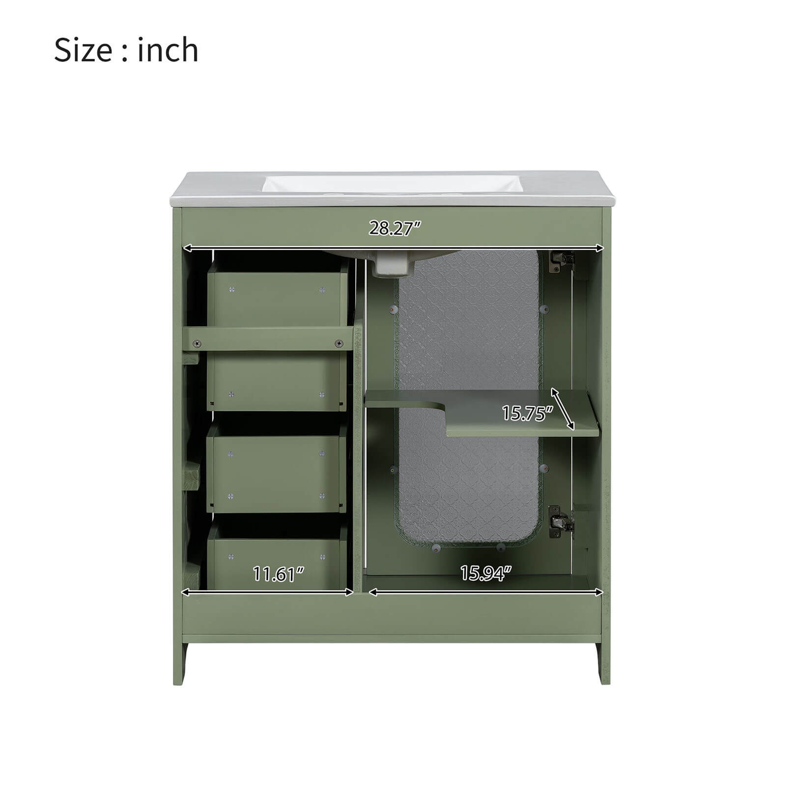 30 Inch Green Bathroom Vanity With Frosted Glass Door Back Size Specifications