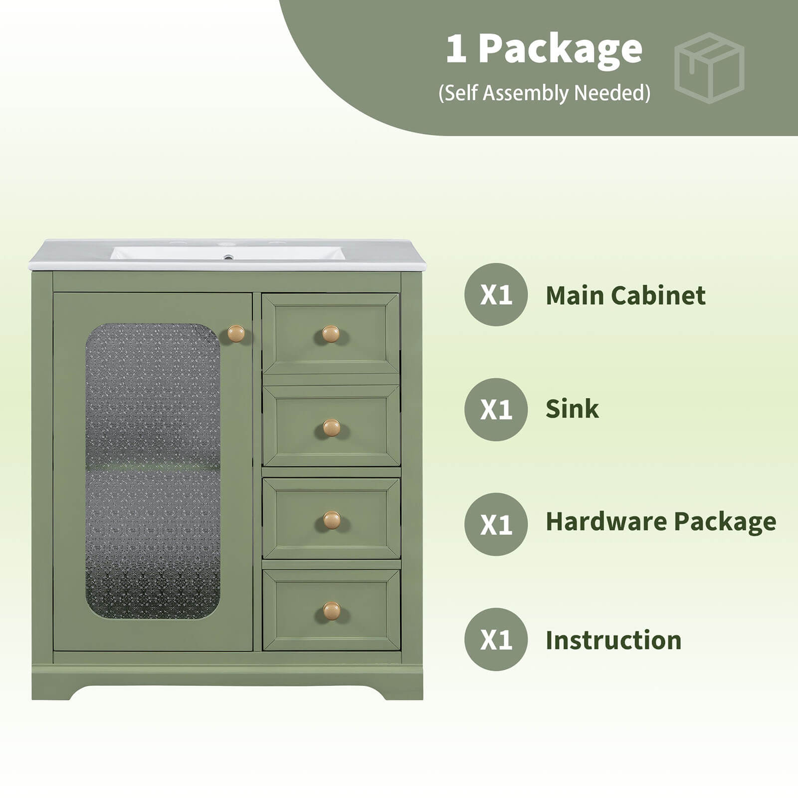 30 Inch Green Bathroom Vanity with Frosted Glass Door Packaging Package Instructions