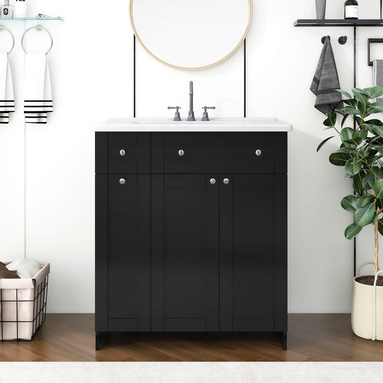 30 inch Black Bathroom Vanity with Soft-Close Doors