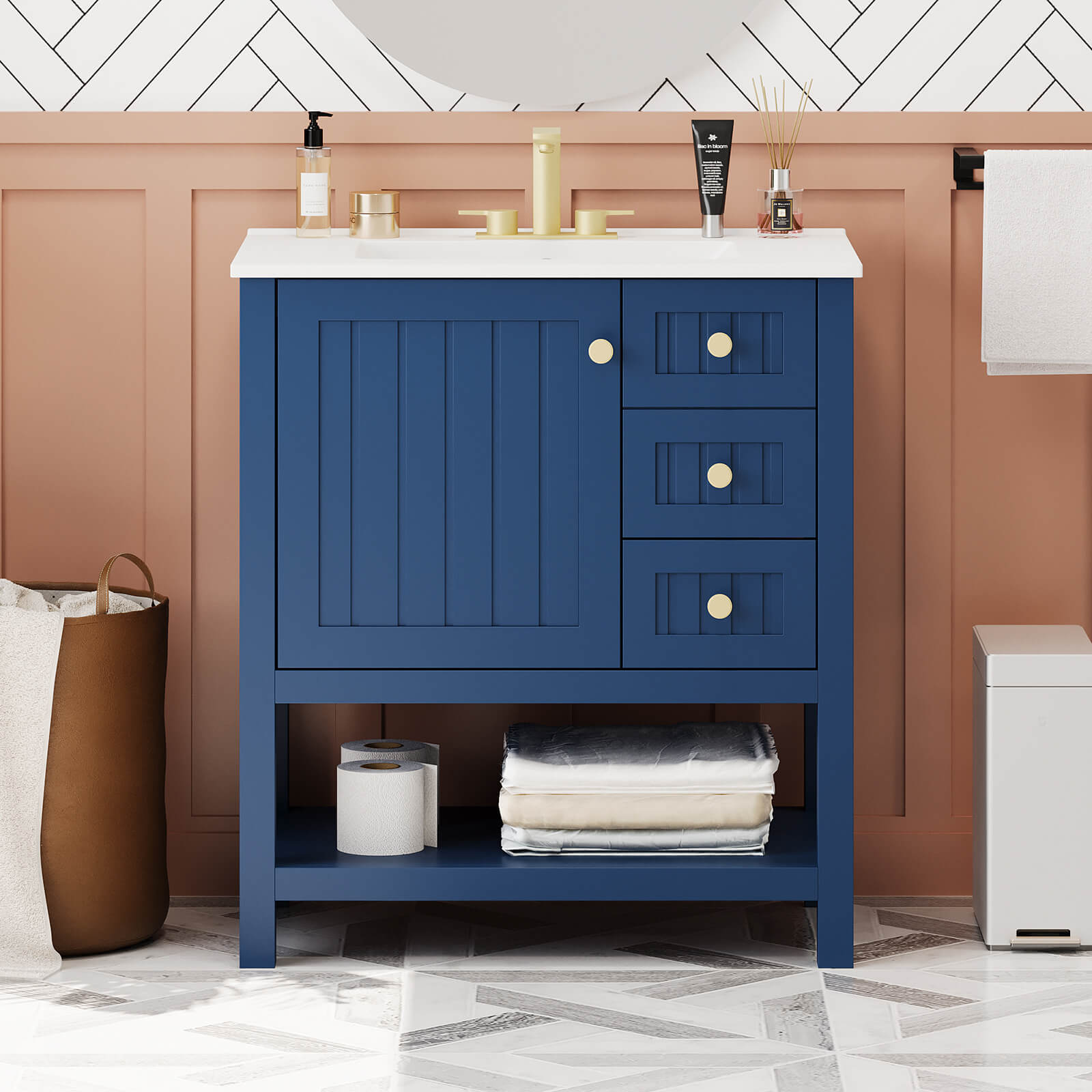 30 inch Navy Blue Freestanding Bathroom Vanity with Open Shelves