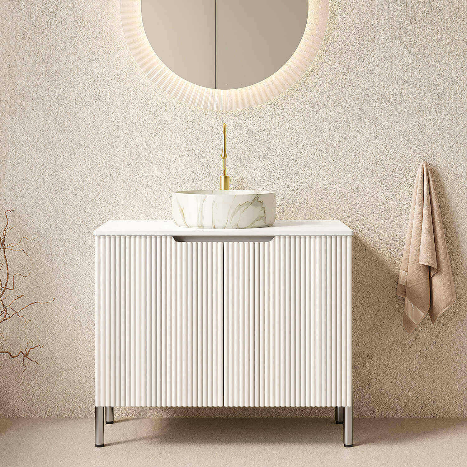 30 inch White Freestanding Vanity with Stone-Patterned Vessel Sink
