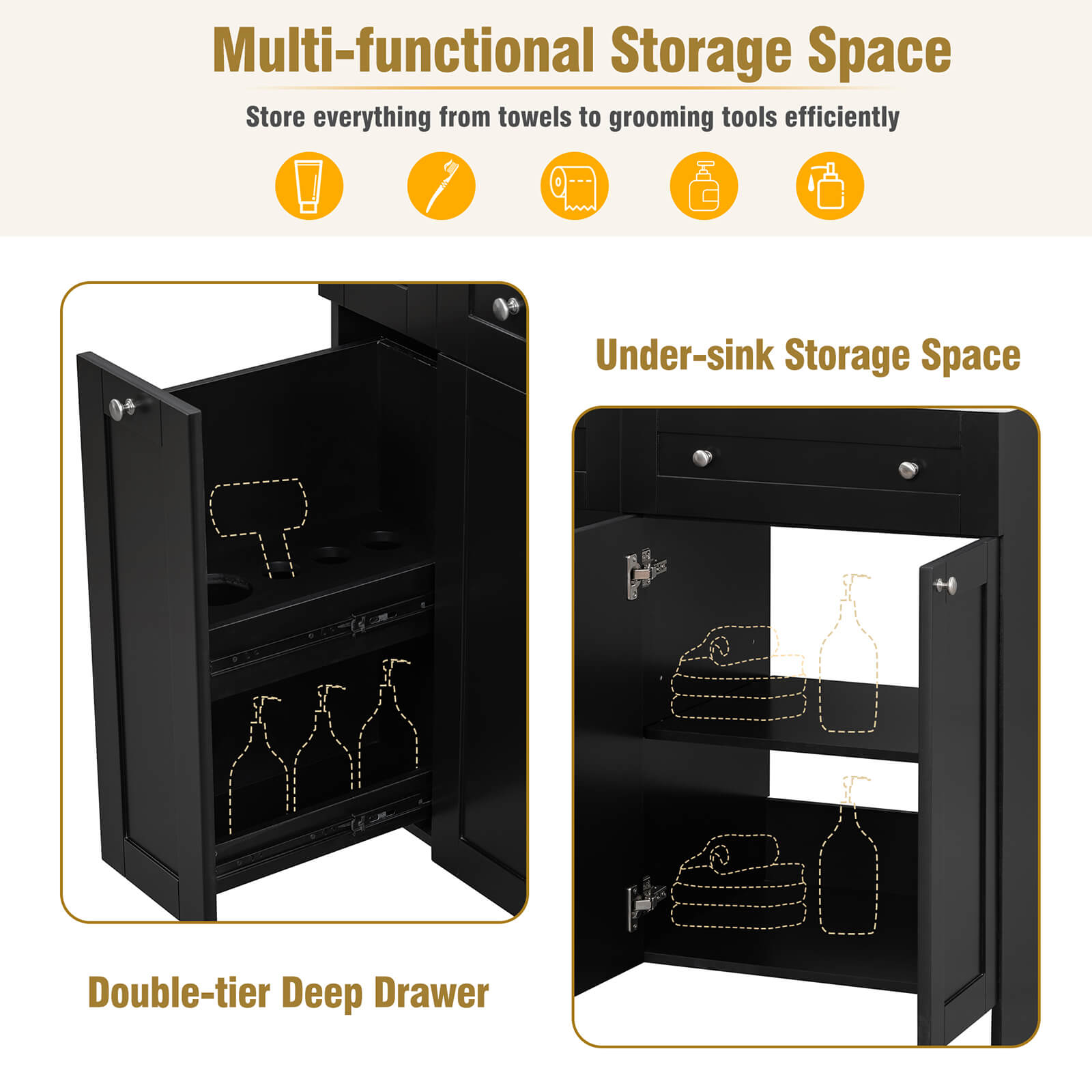 30 inch black bathroom vanity with soft close door design multifunctional dimensions diagram