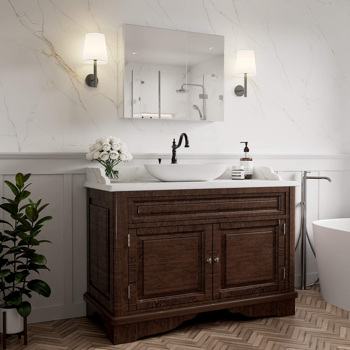 30 x 24-inch mirrored medicine cabinet above a brown bathroom vanity.