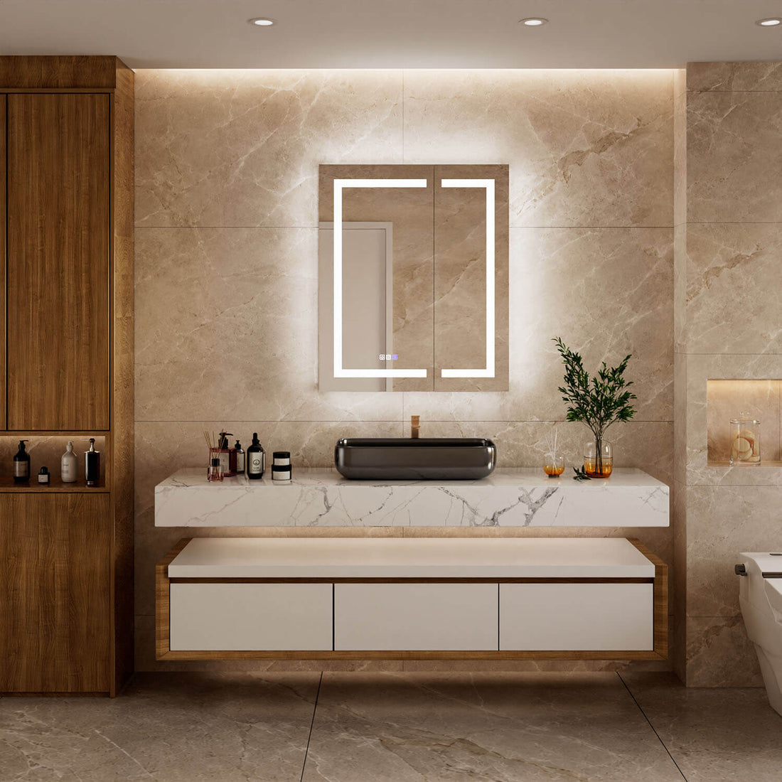 Front bathroom view of a 30 x 36-inch double-door LED medicine cabinet with mirror above a floating vanity with a black vessel sink.