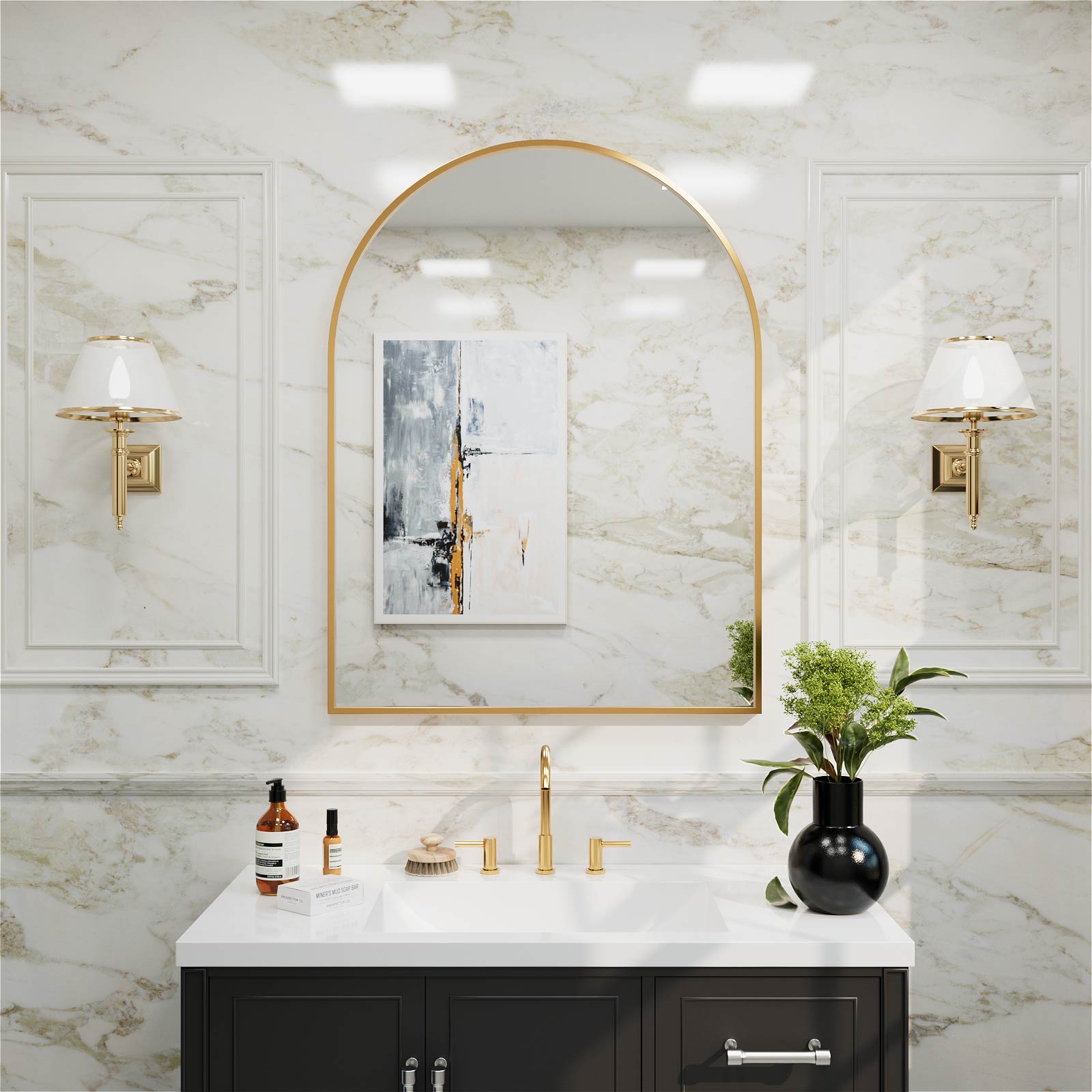 30x40 gold arched bathroom mirror front view