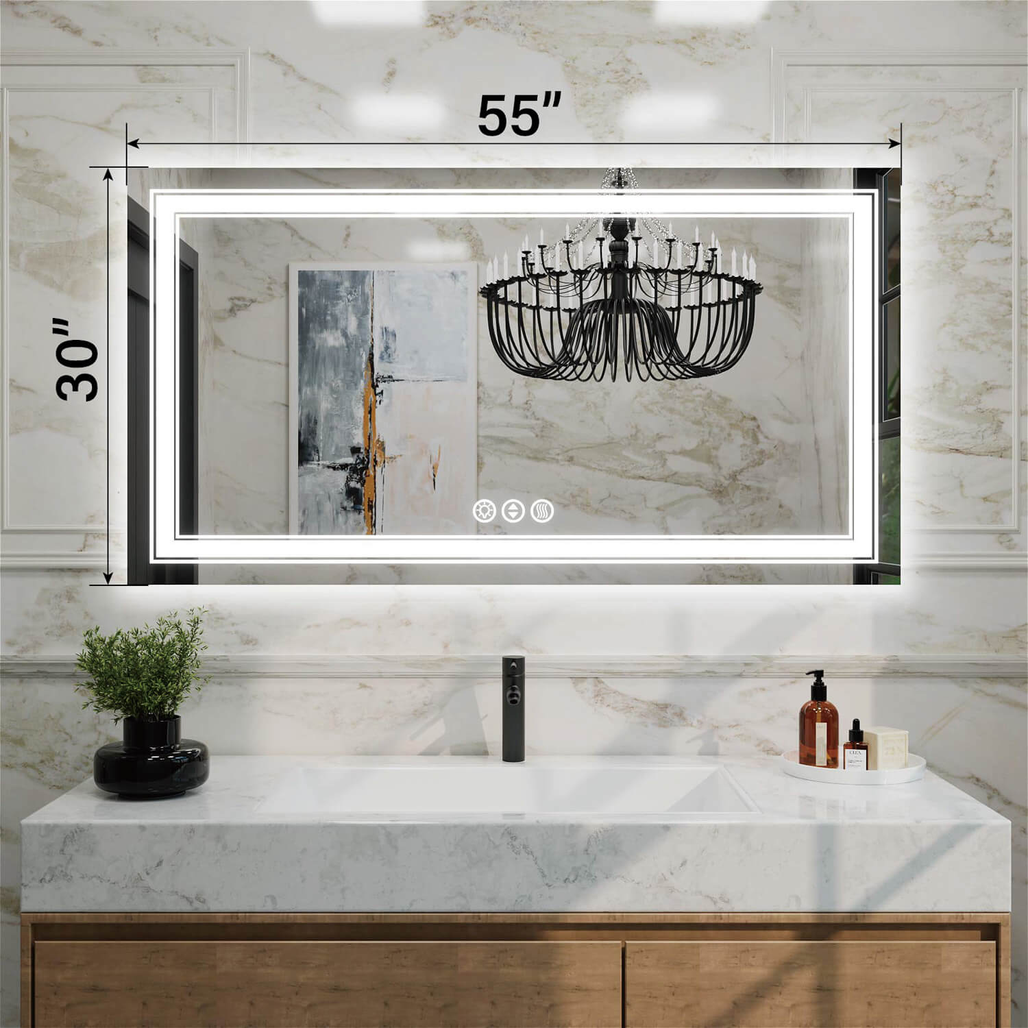 30x55 inch ultra wide frameless LED vanity mirror with dual light rings and size markings