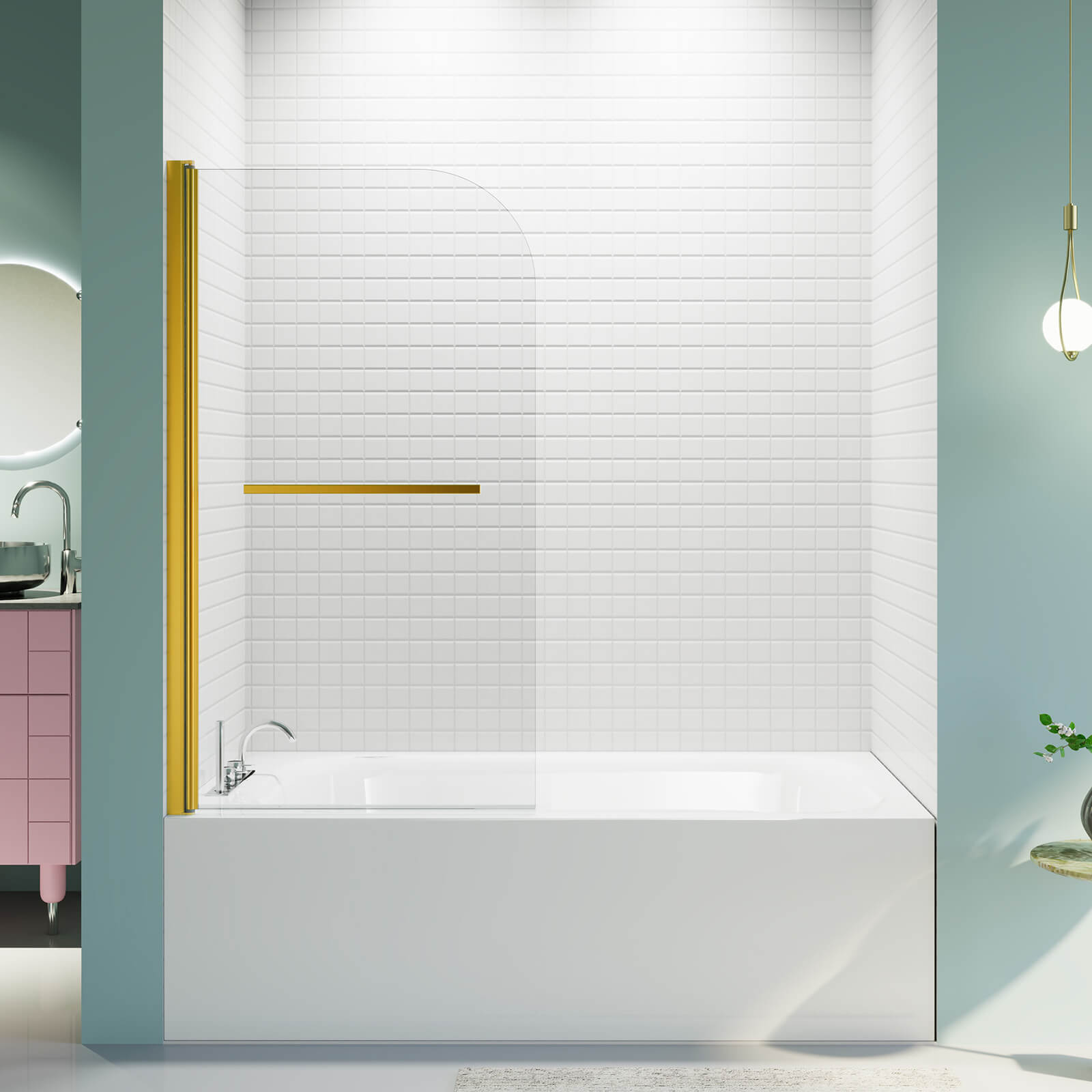 31 in x 55 in Brushed Gold SGCC Safety Glass Bathtub Screen