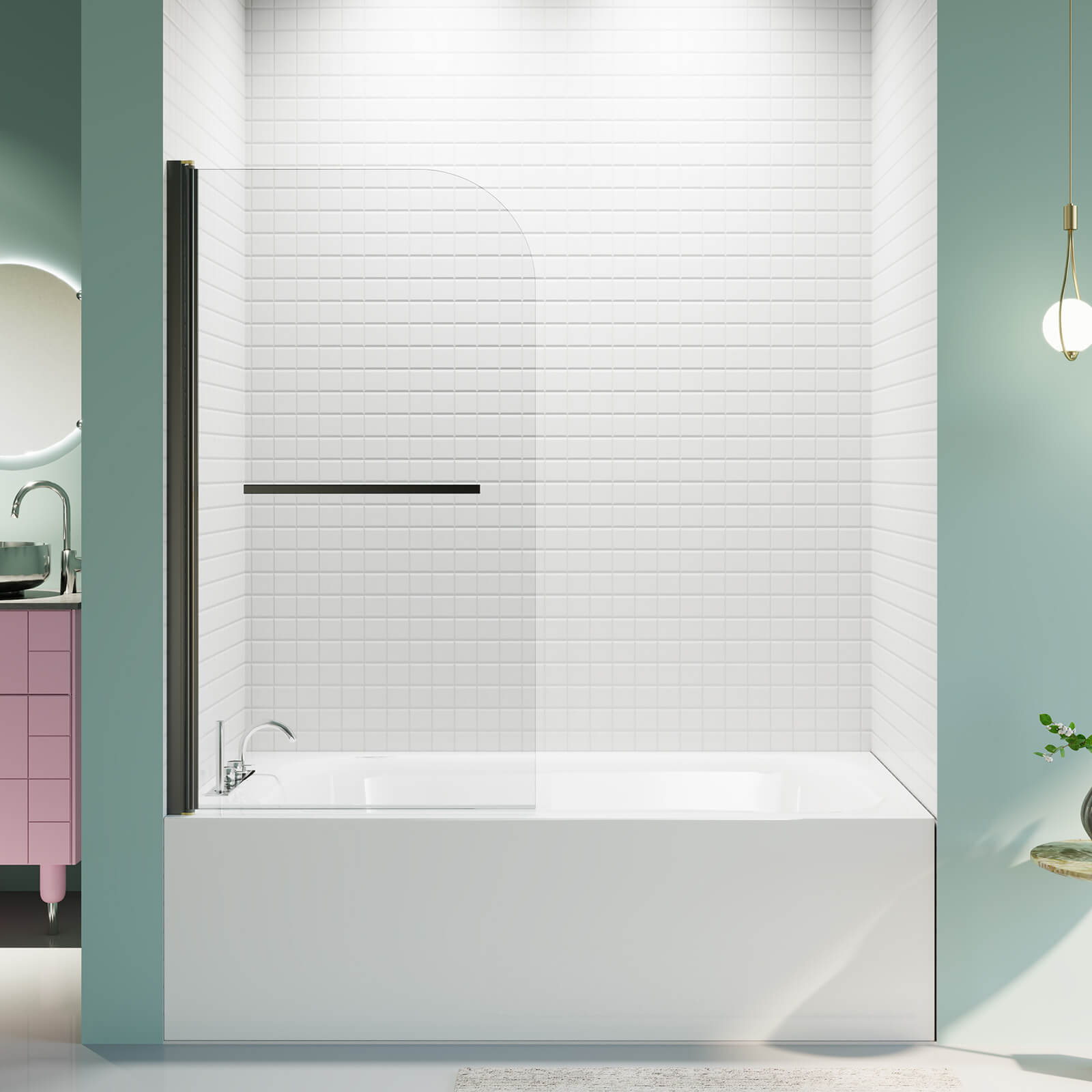 31 in x 55 in Matte Black SGCC Safety Glass Bathtub Screen
