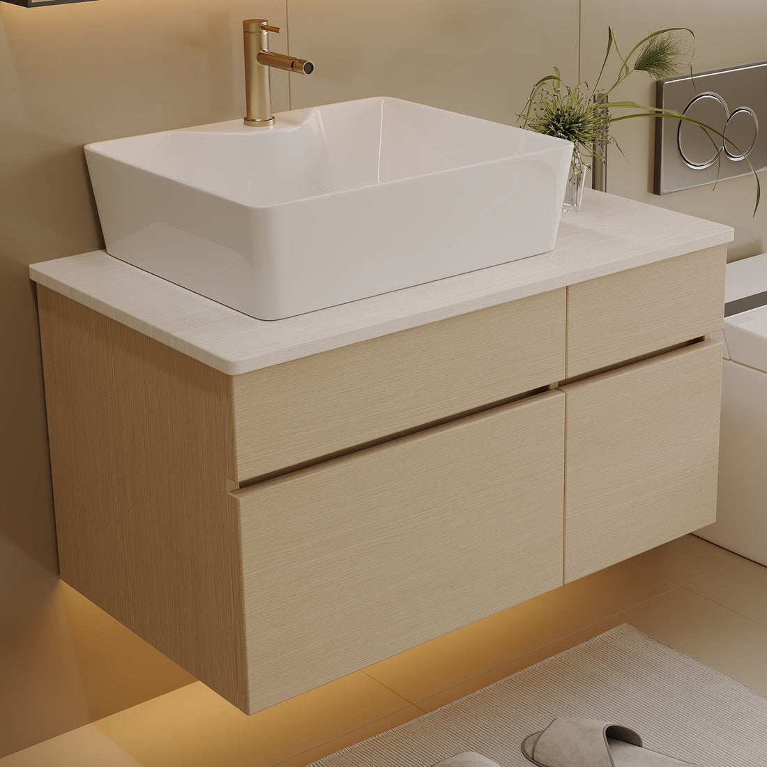 32 inch White Oak Floating Vanity Rectangular Ceramic Above Counter Vessel Sink