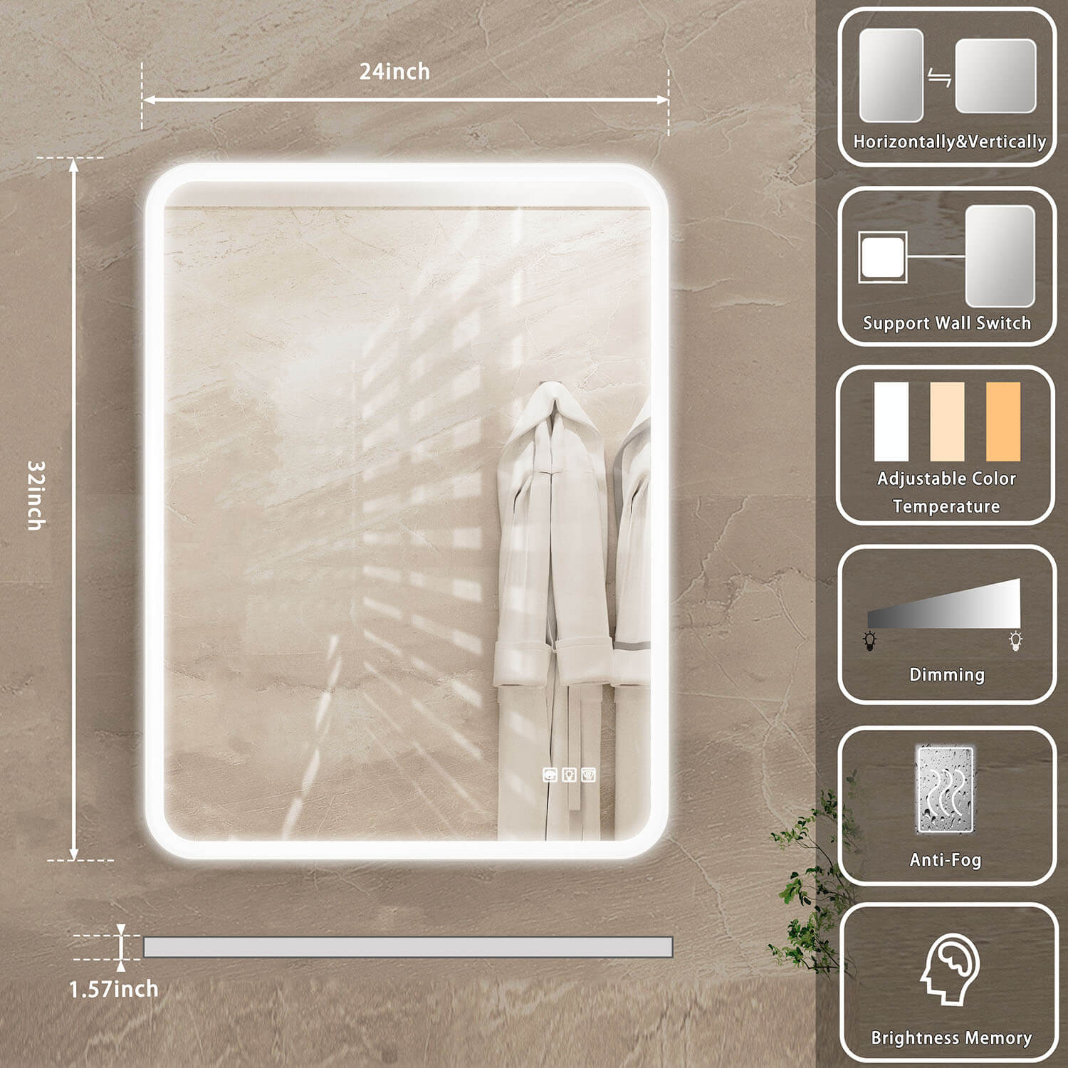 32x24 inch Wall-Mount Anti-Fog LED Light Bathroom Mirror size