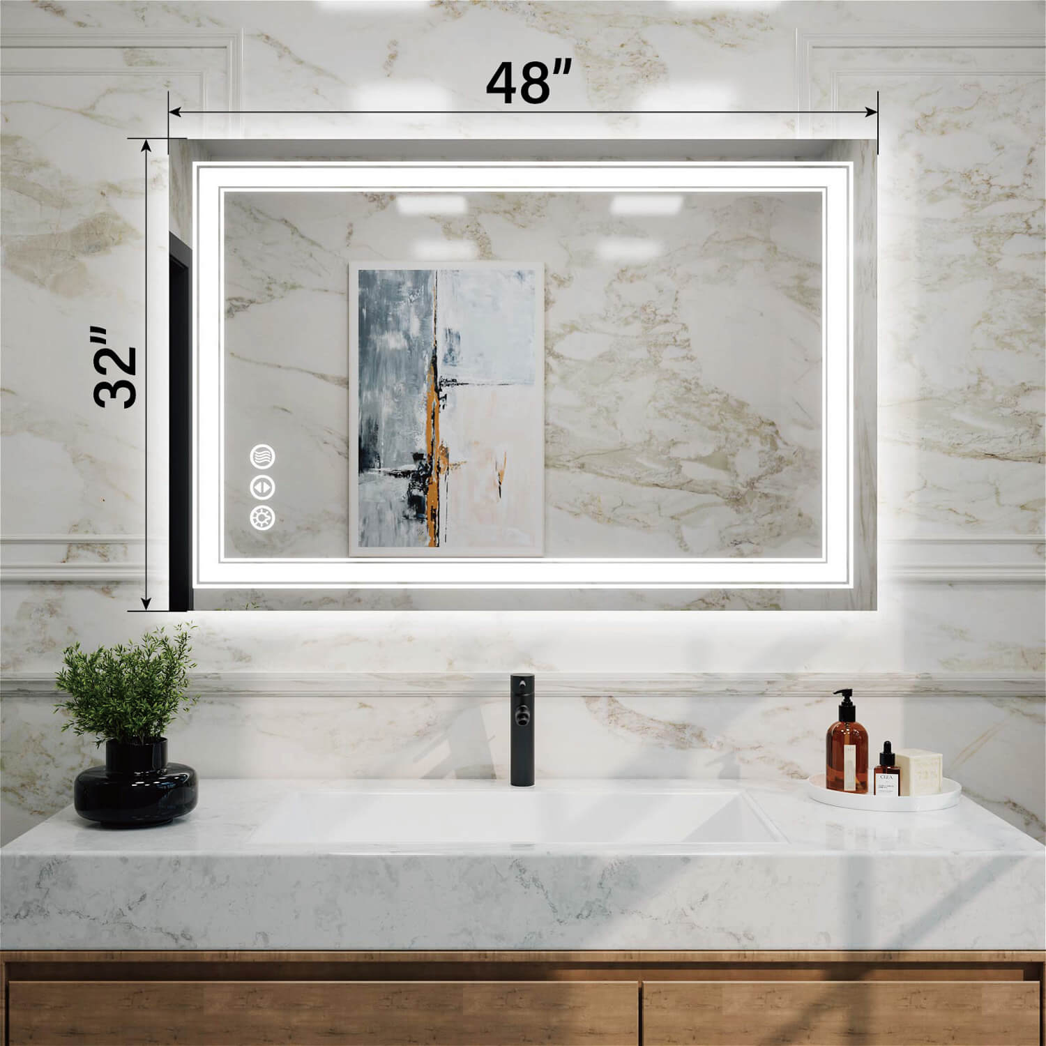 32x48 inch frameless rectangular LED bathroom mirror with double light strip and dimension markings