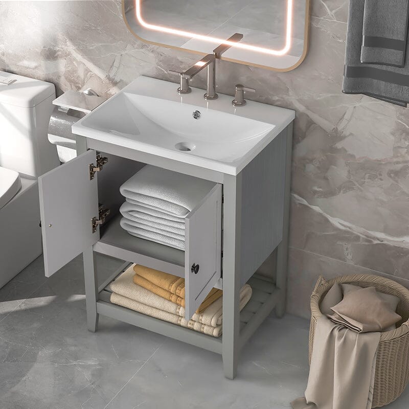 24" Modern Freestanding Bathroom Vanity with Open Style Shelf, Including Ceramic Sink
