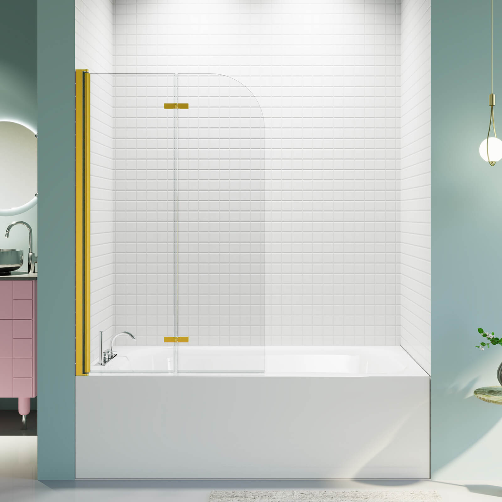 34 in x 58 in Brushed Gold Bi Fold Tub Shower Door