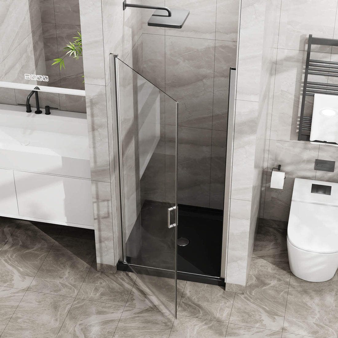 34"-35.2" x 72" Chrome Pivot Shower Door Kit with Tempered Glass and Acrylic Shower Pan