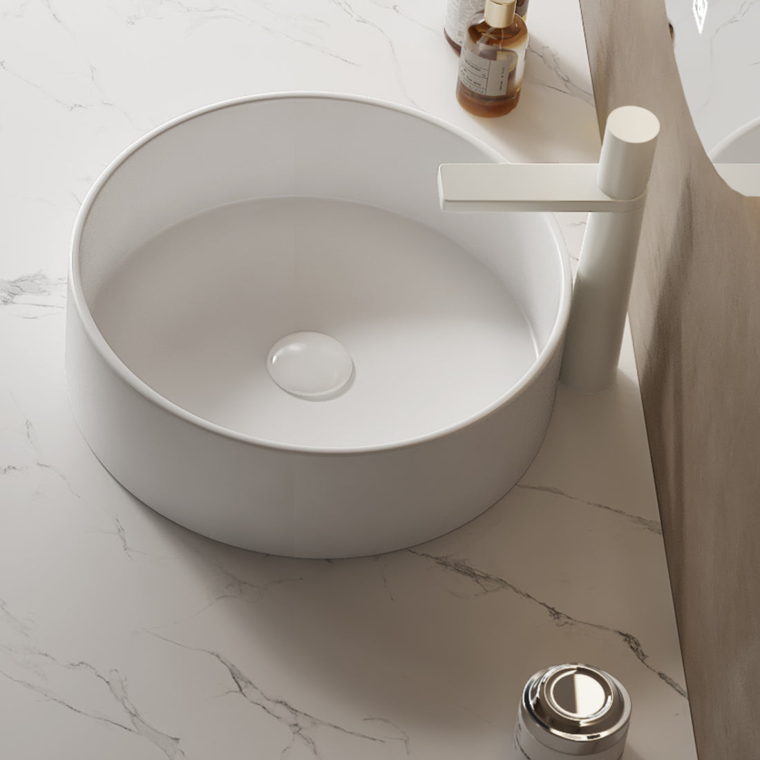 Round White Ceramic Above-Counter Vessel Bathroom Sink oblique view smooth white interior exterior