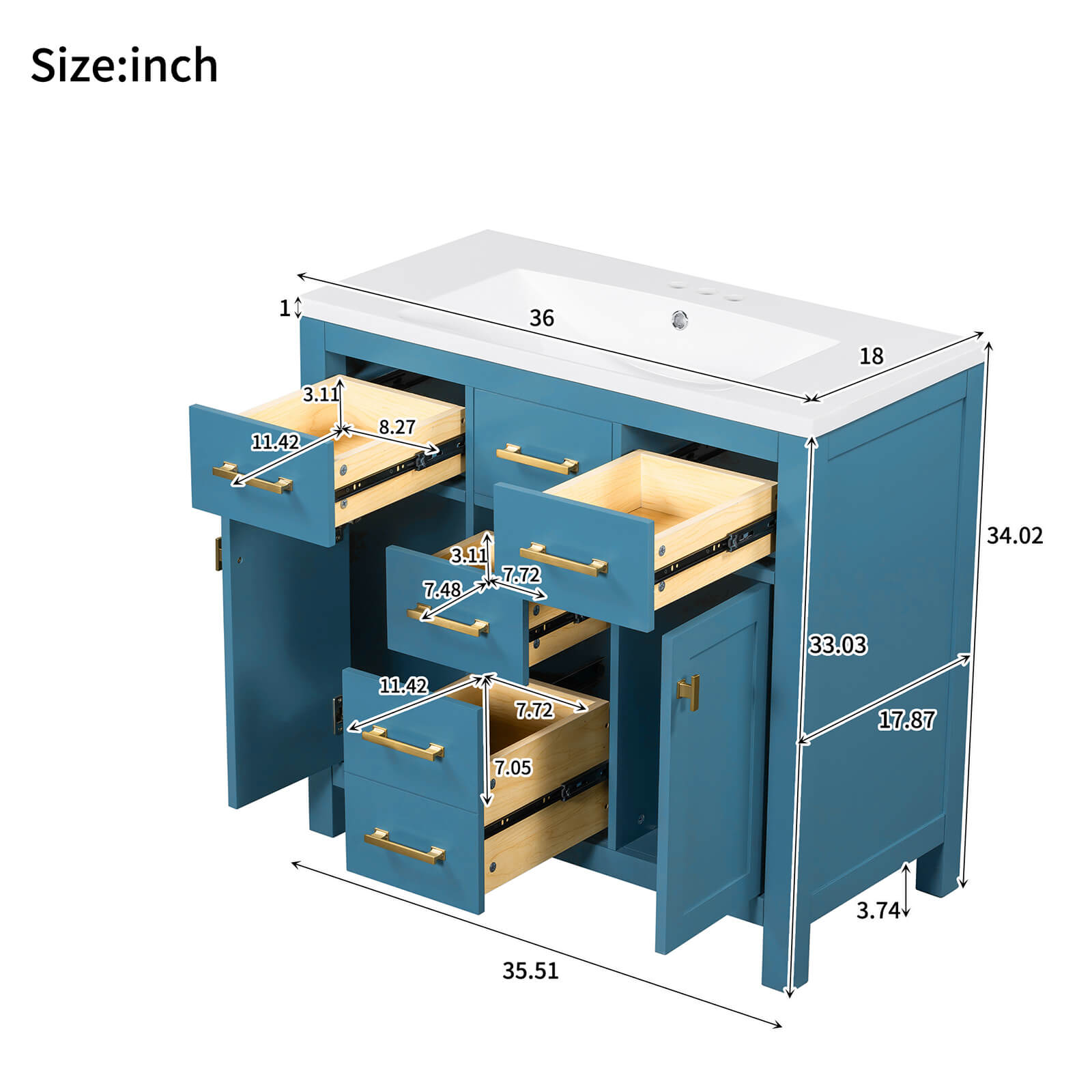 36 Inch Bathroom Storage Cabinet with 3 Hole Top Blue Dimensions Specifications