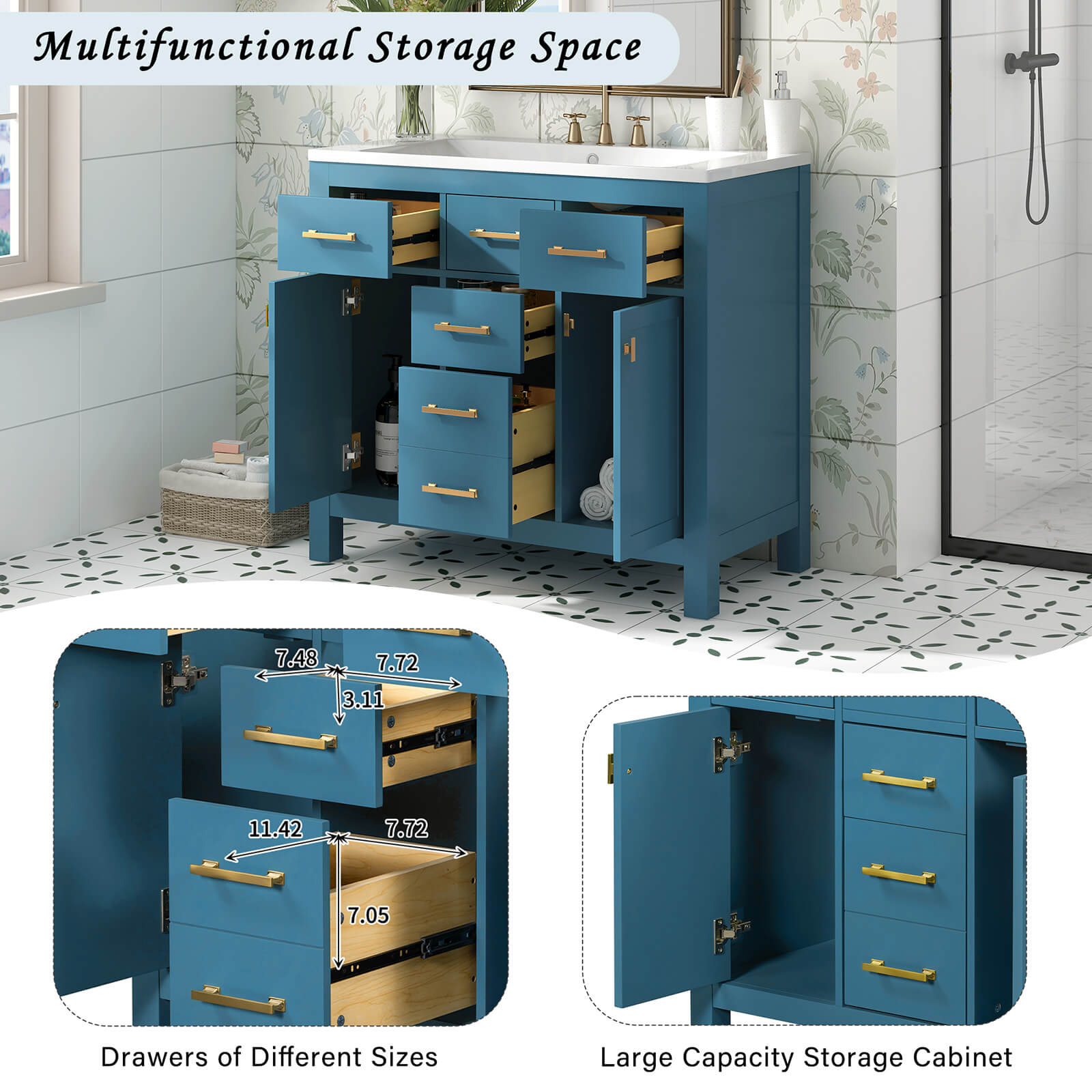 36 Inch Bathroom Storage Cabinet with 3 Holes Top Blue Description