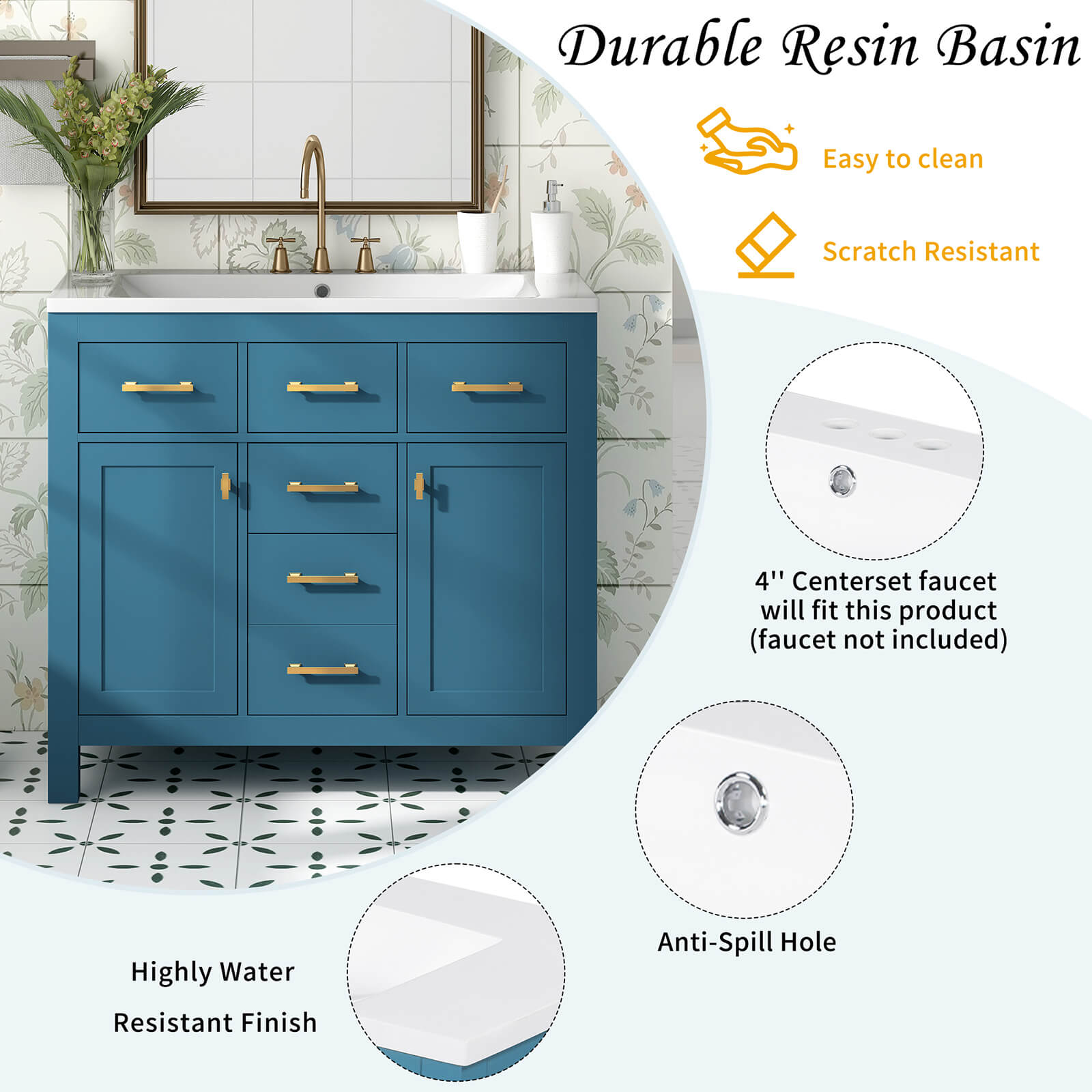 36 Inch Bathroom Storage Counter with 3 Hole Top Blue Countertop Mounting Hole Detail