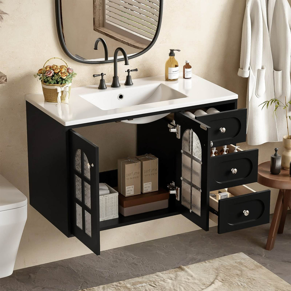 36 Inch Wall Mounted Bathroom Vanity with Black Frame and Transparent Panels