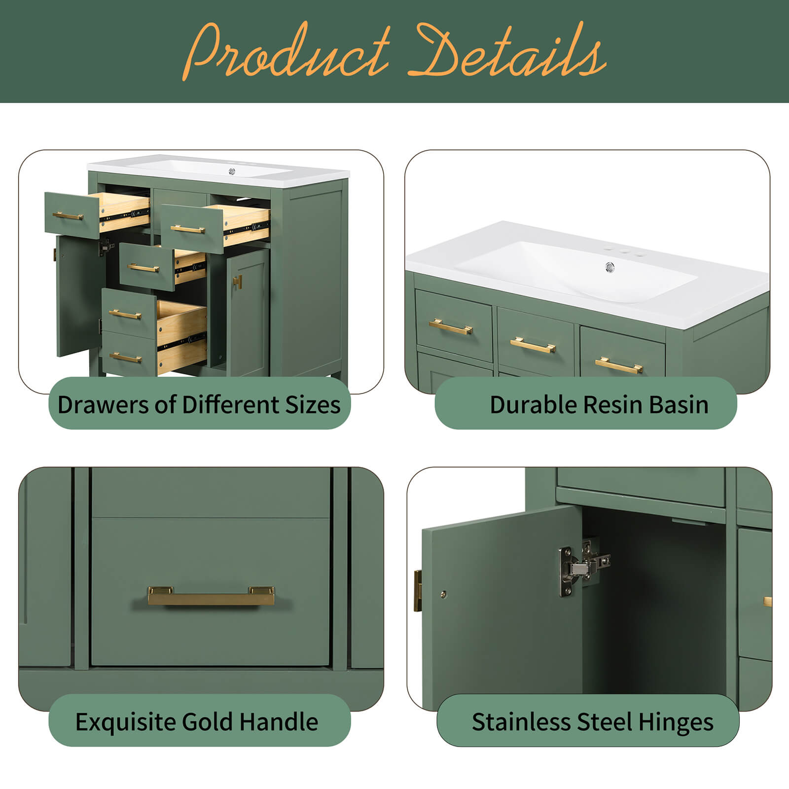 36" Green Bathroom Storage Vanity with 3-Hole Top