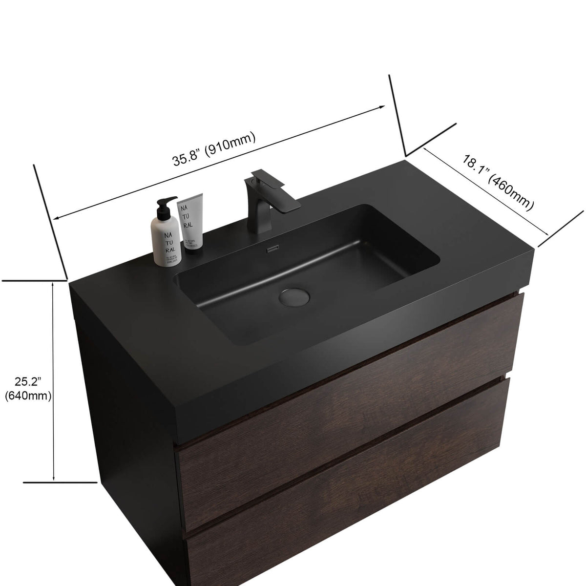 36 in Walnut Bathroom Vanity with Integrated Black Vanity Dimensions