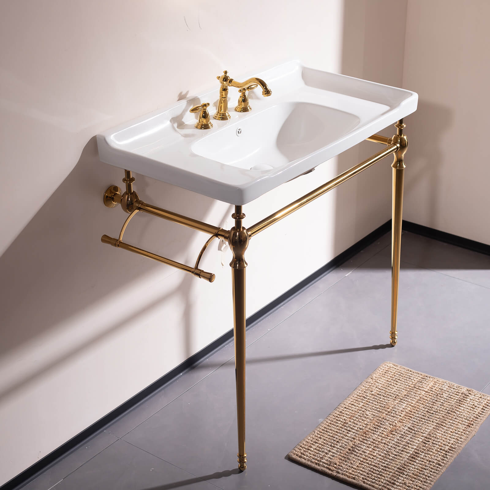 36 in White Ceramic Console Sink with Gold Metal Legs