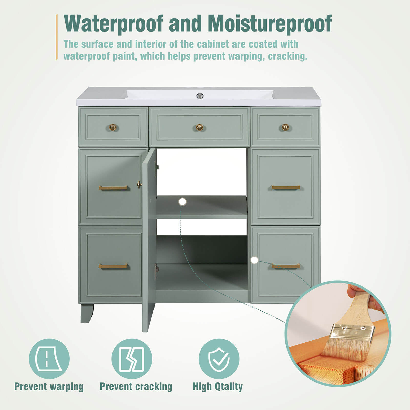 36 inch Green Bathroom Vanity with Integrated ceramic Sink Waterproofing Instructions