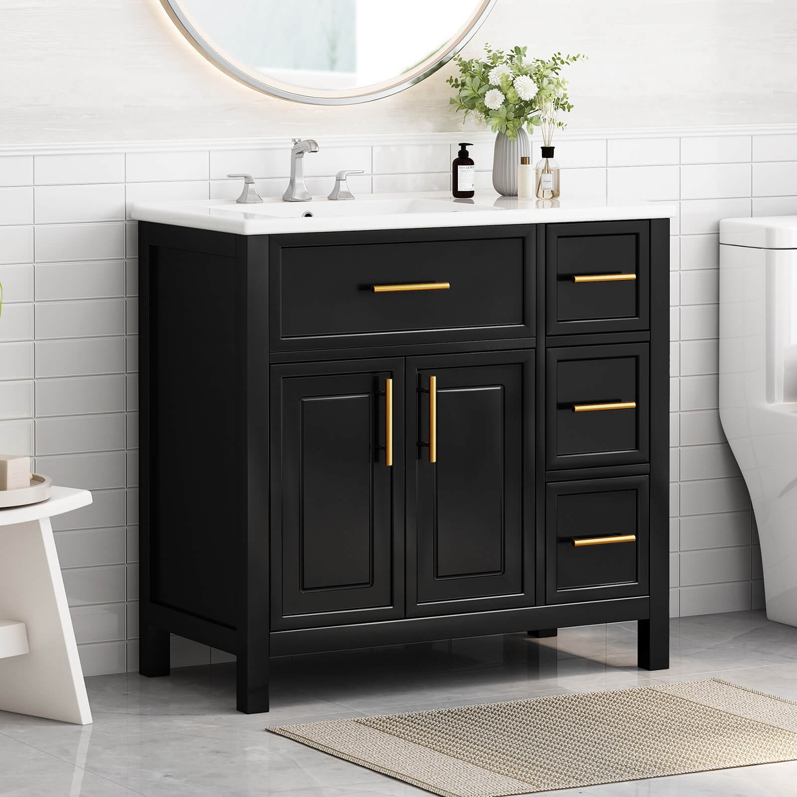 36 inch Left Offset Black Bathroom Vanity with Gold Handles