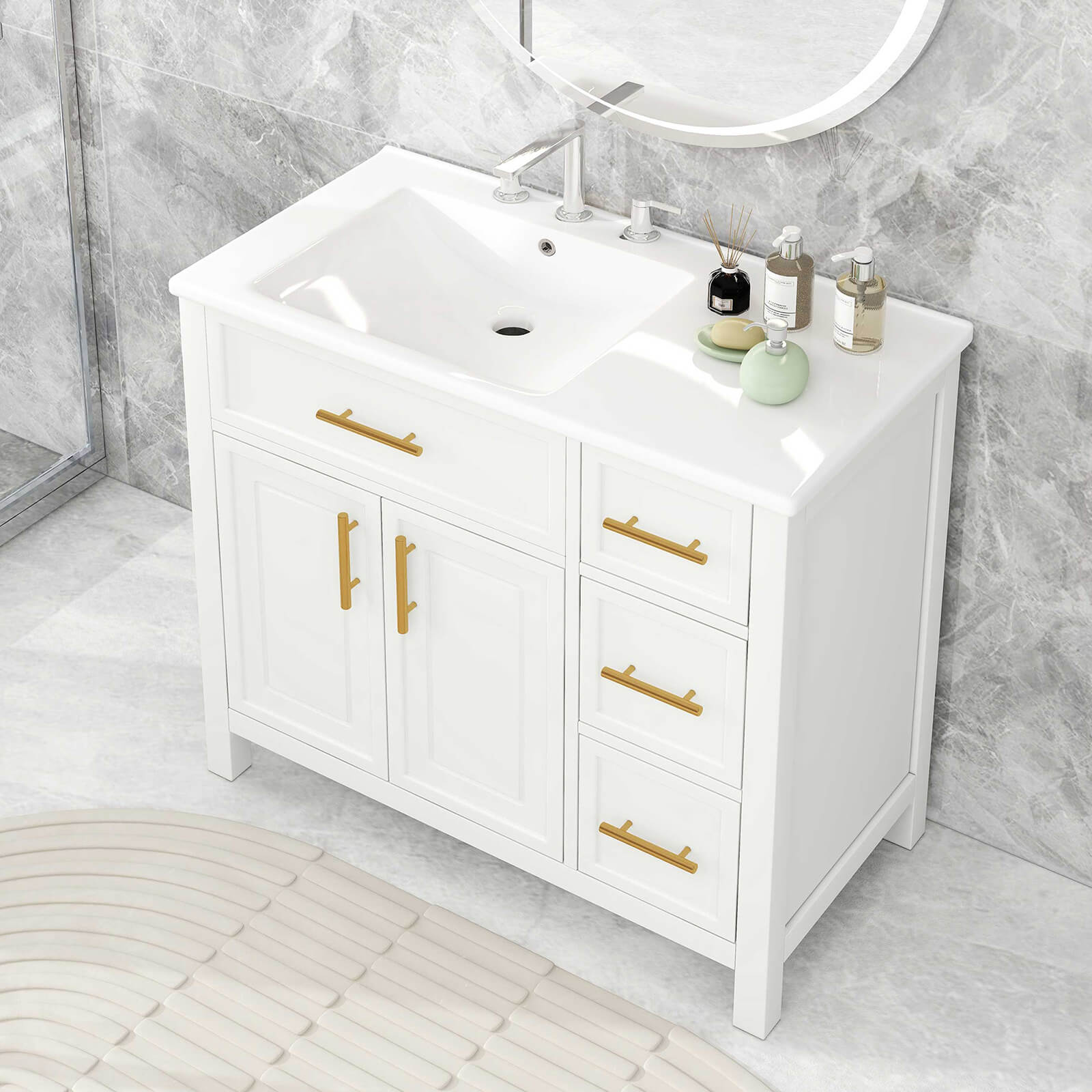 36 inch Left Offset White Bathroom Vanity with Gold Handles