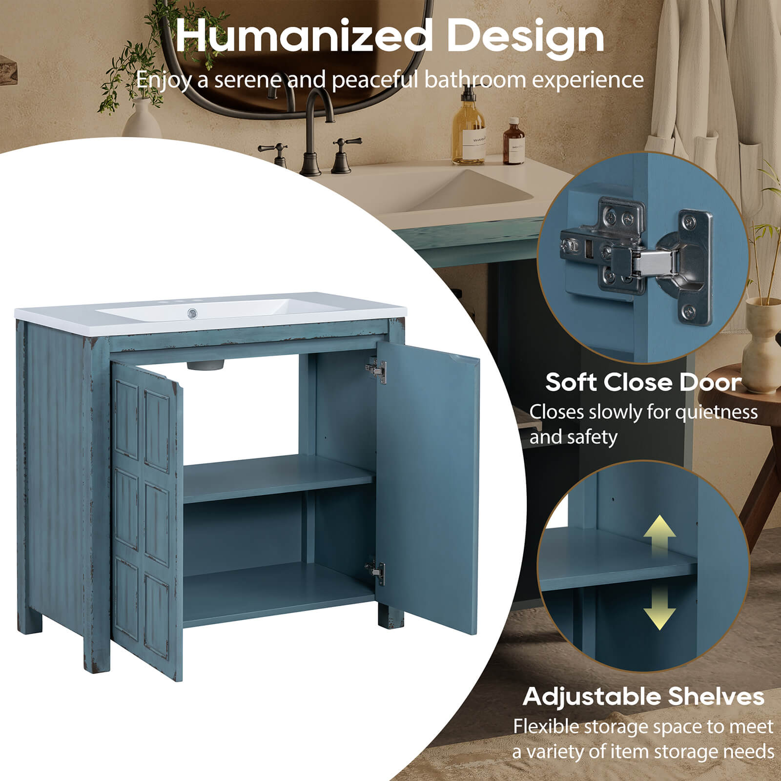 36 inch Vintage Blue Bathroom Vanity Detail with Grid Patterned Doors