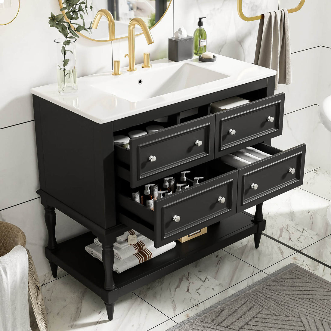 36 inch black bathroom vanity with open bottom shelf and modern design