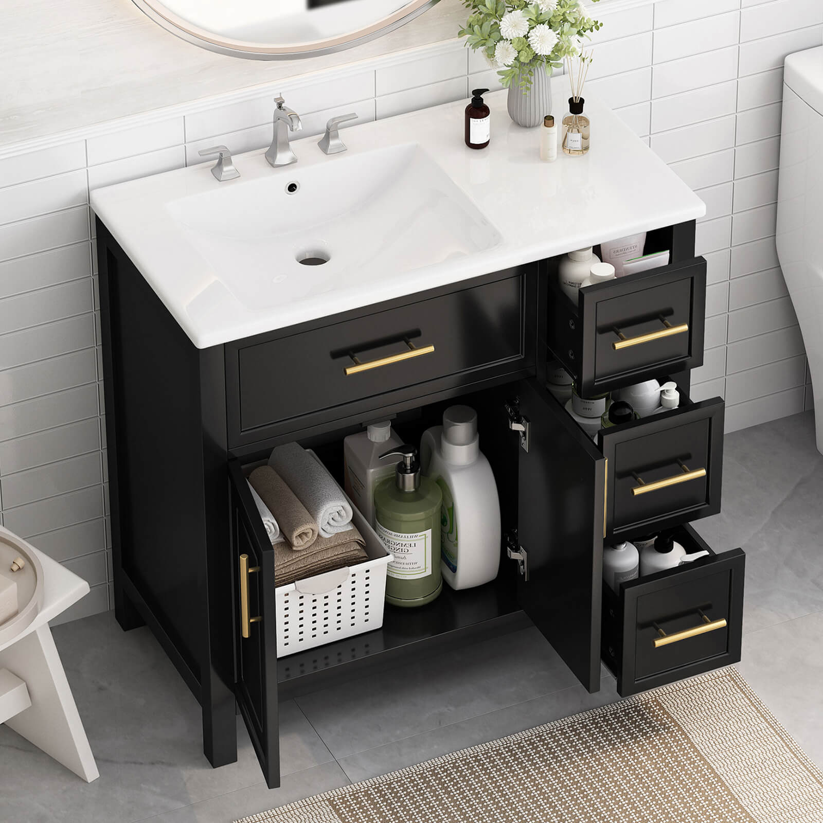 36 inch black vanity with gold metal handles