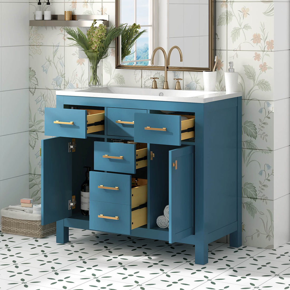 36 inch blue bathroom vanity with gold hardware