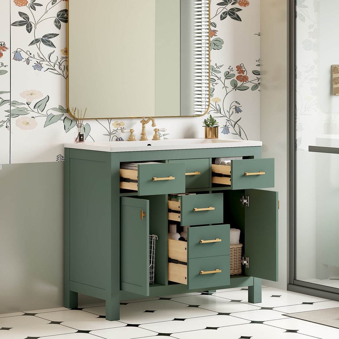 36" Green Bathroom Storage Vanity with 3-Hole Top