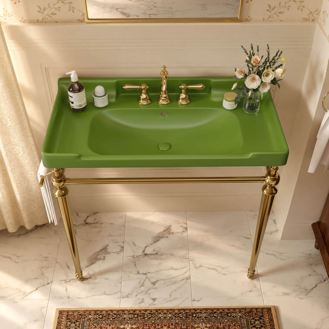 36 inch green ceramic console sink gold legs front overhead basin view