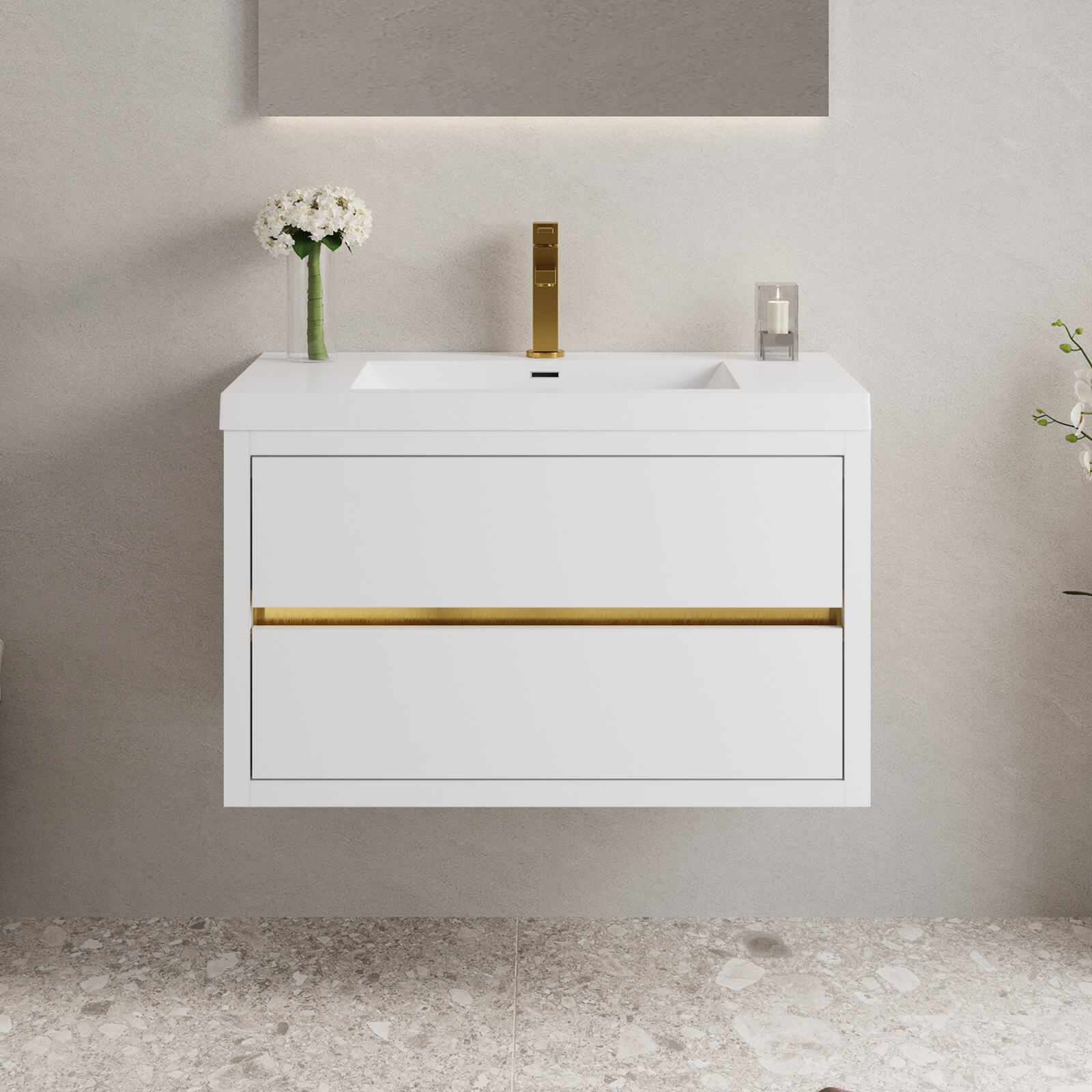 36 inch modern floating single sink vanity with gold accents