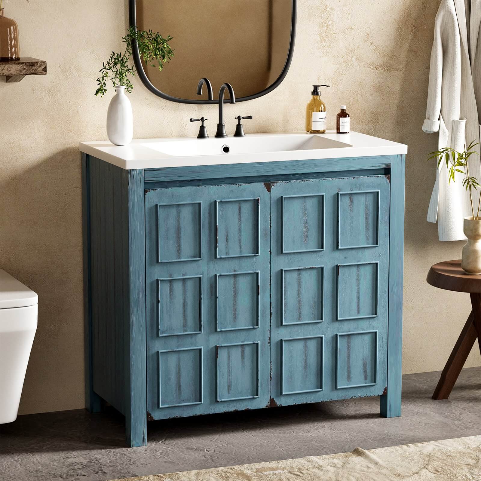 36 inch retro blue vanity for bathrooms with vintage style grid doors